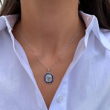 Round and Baguette Cut Diamond And Sapphire Cluster Pendant