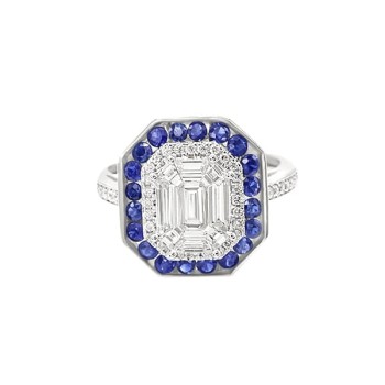 Round and Baguette Cut Diamond And Sapphire Cluster Ring