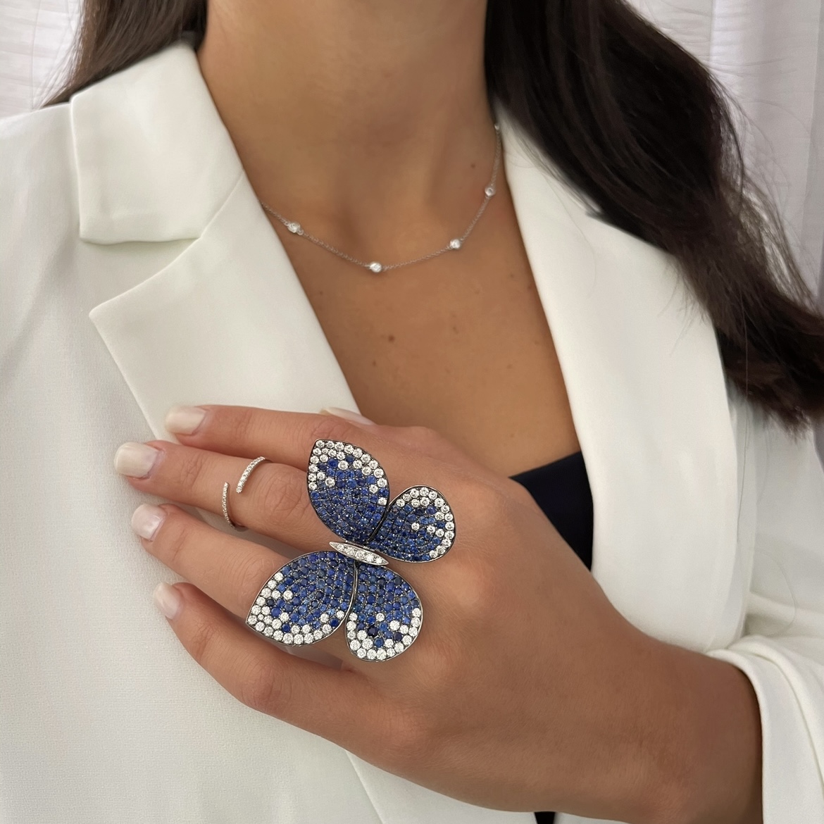 Bassano Jewelry Diamond and Blue Sapphire Jumbo Butterfly Ring
