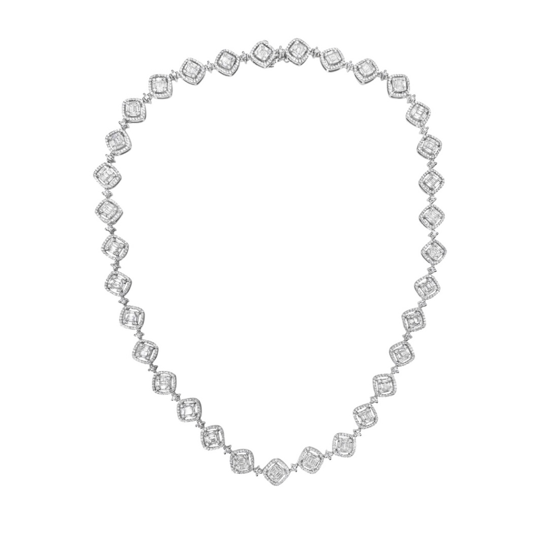 Round and Baguette Cluster Diamond Tennis Necklace