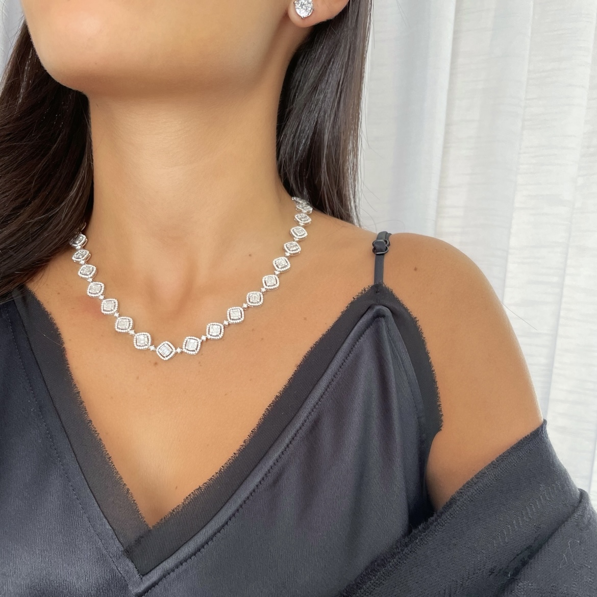 Round and Baguette Cluster Diamond Tennis Necklace