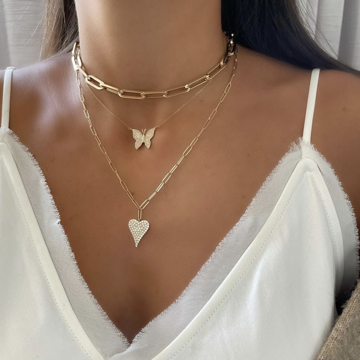 Diamond Pave Heart Paperclip Necklace
